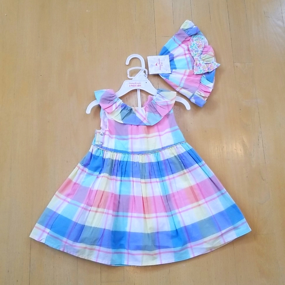 NWT Tommy Bahama 3 piece Pastel Plaid Dress, Bloomers, & Hat with Floral Bows
